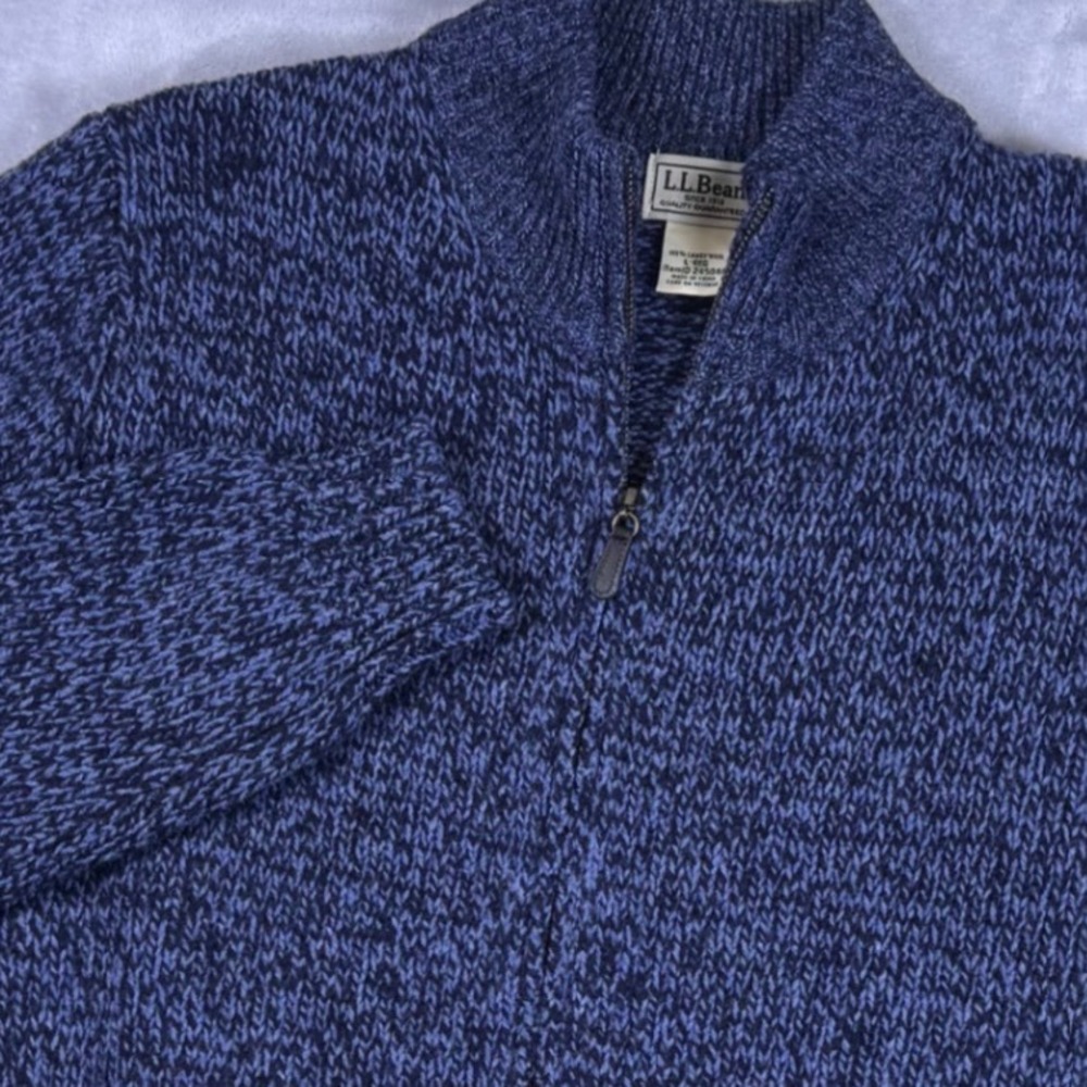 LL Bean Mens Blue Marled 100% Lambswool Full Zip Cardigan Sweater L-REG 245046